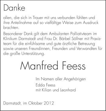 Traueranzeige von Manfred Feess von Echo-Zeitungen (Gesamtausgabe)