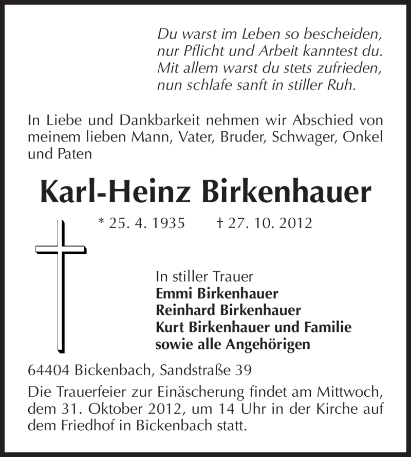  Traueranzeige für Karl-Heinz Birkenhauer vom 30.10.2012 aus Echo-Zeitungen (Gesamtausgabe)