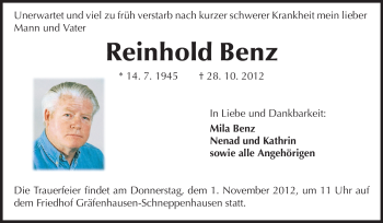 Traueranzeige von Reinhold Benz von Echo-Zeitungen (Gesamtausgabe)
