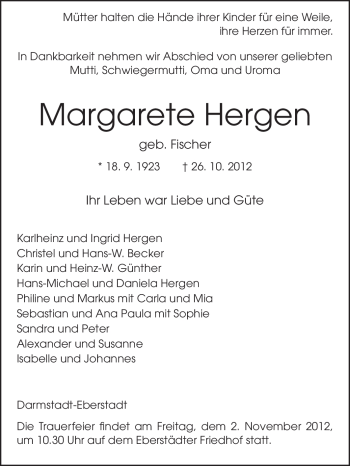 Traueranzeige von Margarete Hergen von Echo-Zeitungen (Gesamtausgabe)
