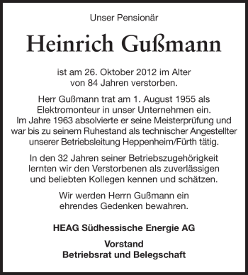 Traueranzeige von Heinrich Gußmann von Echo-Zeitungen (Gesamtausgabe)