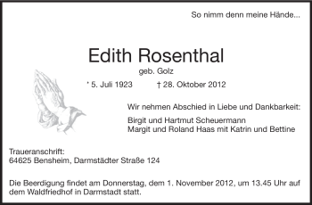 Traueranzeige von Edith Rosenthal von Echo-Zeitungen (Gesamtausgabe)