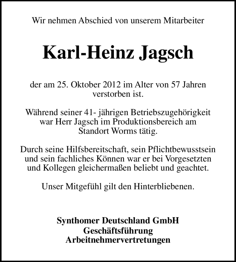  Traueranzeige für Karl-Heinz Jagsch vom 30.10.2012 aus Rüsselsheimer Echo, Groß-Gerauer-Echo, Ried Echo
