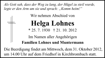Traueranzeige von Helga Lohnes von Odenwälder Echo