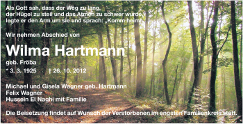 Traueranzeige von Wilma Hartmann von Echo-Zeitungen (Gesamtausgabe)