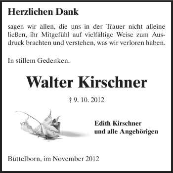 Traueranzeige von Walter Kirschner von Rüsselsheimer Echo, Groß-Gerauer-Echo, Ried Echo