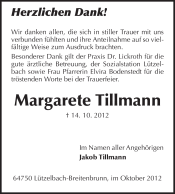 Traueranzeige von Margarete Tillmann von Odenwälder Echo