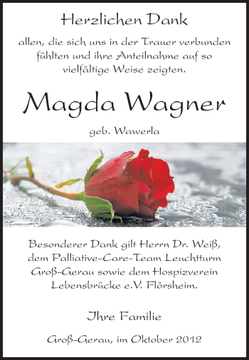 Traueranzeige von Magda Wagner von Rüsselsheimer Echo, Groß-Gerauer-Echo, Ried Echo