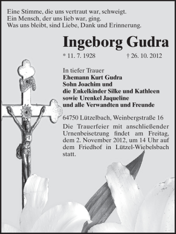 Traueranzeige von Ingeborg Gudra von Odenwälder Echo
