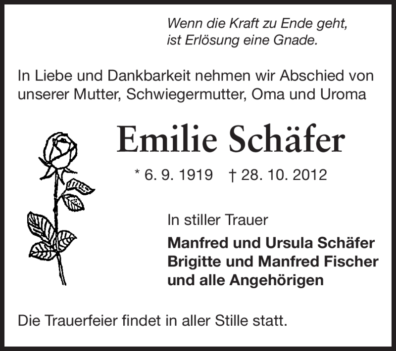  Traueranzeige für Emilie Schäfer vom 31.10.2012 aus Echo-Zeitungen (Gesamtausgabe)