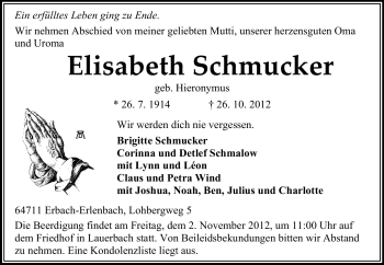 Traueranzeige von Elisabeth Schmucker von Odenwälder Echo