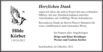 Traueranzeige von Hilde Körber von Odenwälder Echo