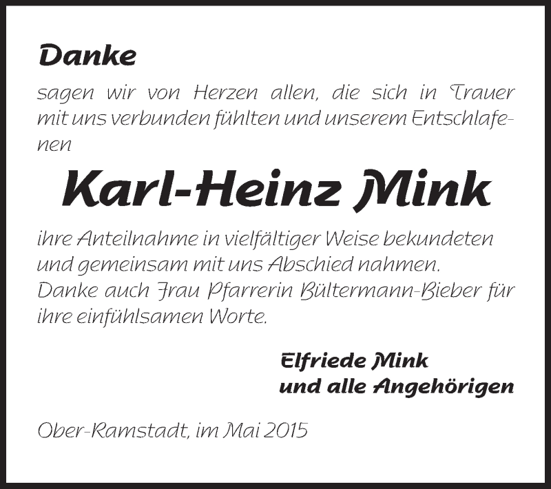  Traueranzeige für Karl-Heinz Mink vom 30.05.2015 aus Echo-Zeitungen (Gesamtausgabe)