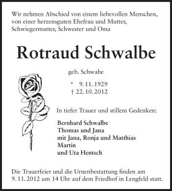 Traueranzeige von Rotraud Schwalbe von Echo-Zeitungen (Gesamtausgabe)