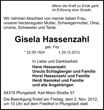 Traueranzeige von Gisela Hassenzahl von Echo-Zeitungen (Gesamtausgabe)