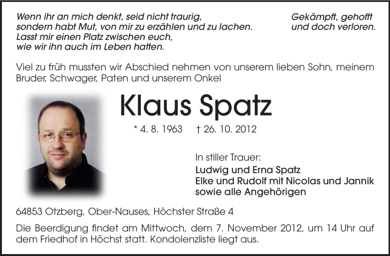  Traueranzeige für Klaus Spatz vom 03.11.2012 aus Echo-Zeitungen (Gesamtausgabe)