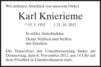 Traueranzeige von Karl Knierieme von Echo-Zeitungen (Gesamtausgabe)