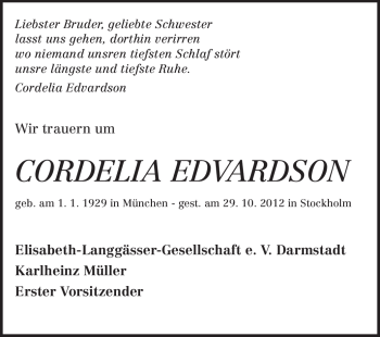 Traueranzeige von Cordelia Edvardson von Echo-Zeitungen (Gesamtausgabe)