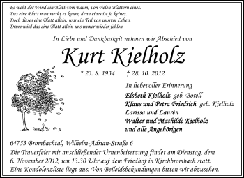Traueranzeige von Kurt Kielholz von Odenwälder Echo