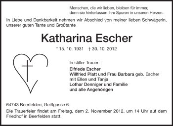 Traueranzeige von Katharina Escher von Odenwälder Echo