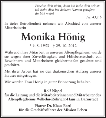 Traueranzeige von Monika Hönig von Echo-Zeitungen (Gesamtausgabe)