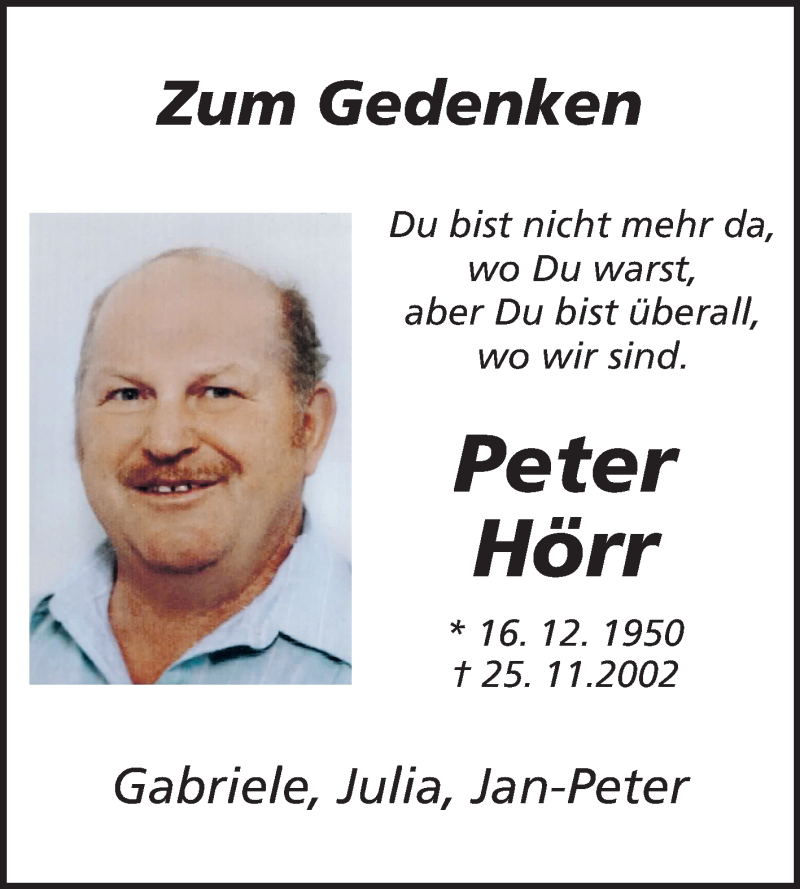  Traueranzeige für Peter Hörr vom 24.11.2012 aus Odenwälder Echo