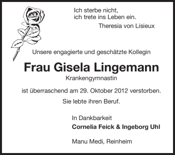 Traueranzeige von Gisela Lingemann von Echo-Zeitungen (Gesamtausgabe)