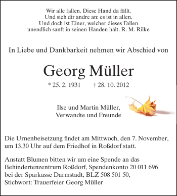 Traueranzeige von Georg Müller von Echo-Zeitungen (Gesamtausgabe)