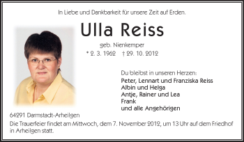 Traueranzeige von Ulla Reiss von Echo-Zeitungen (Gesamtausgabe)