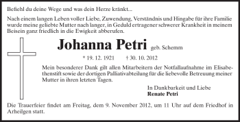 Traueranzeige von Johanna Petri von Echo-Zeitungen (Gesamtausgabe)