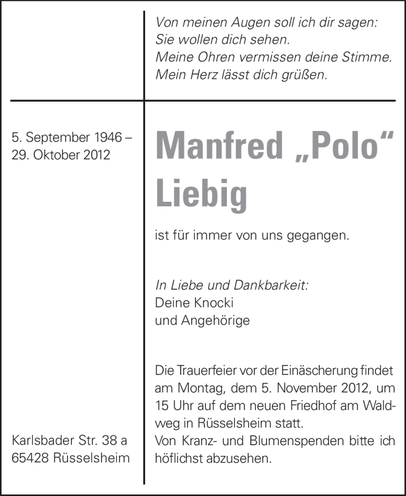  Traueranzeige für Manfred Liebig vom 03.11.2012 aus Rüsselsheimer Echo, Groß-Gerauer-Echo, Ried Echo