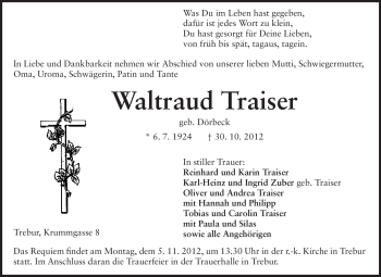 Traueranzeige von Waltraud Traiser von Rüsselsheimer Echo, Groß-Gerauer-Echo, Ried Echo