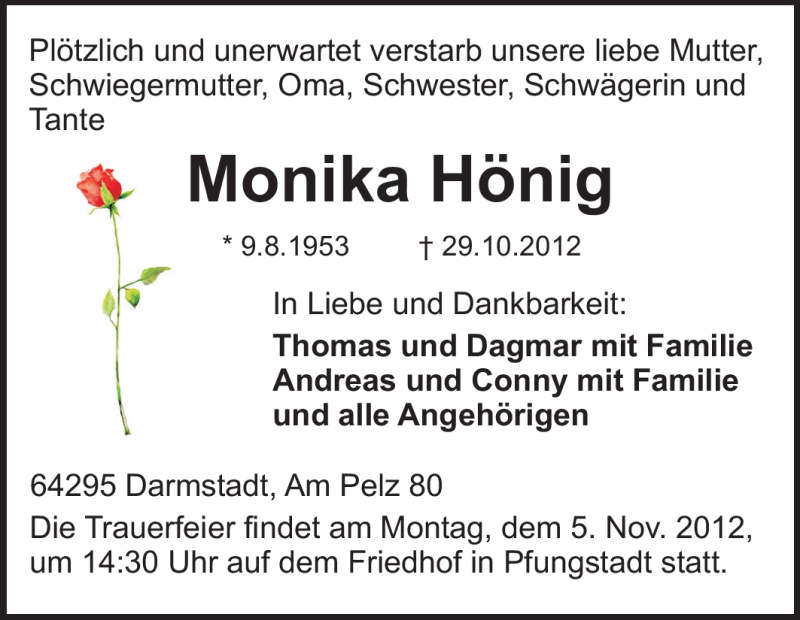  Traueranzeige für Monika Hönig vom 03.11.2012 aus Echo-Zeitungen (Gesamtausgabe)