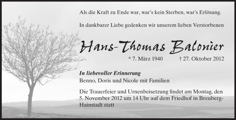  Traueranzeige für Hans-Thomas Balonier vom 05.11.2012 aus Odenwälder Echo