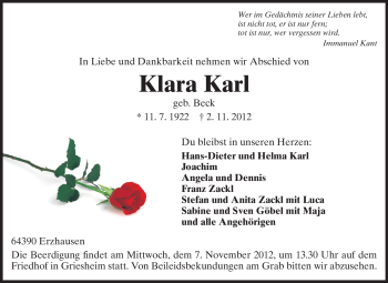 Traueranzeige von Klara Karl von Echo-Zeitungen (Gesamtausgabe)