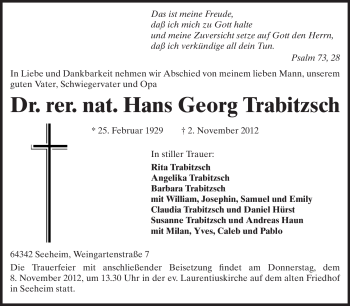 Traueranzeige von Hans Georg Trabitzsch von Echo-Zeitungen (Gesamtausgabe)