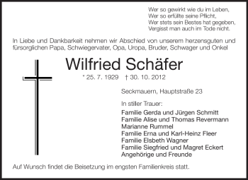 Traueranzeige von Wilfried Schäfer von Odenwälder Echo