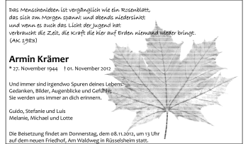 Traueranzeige von Armin Krämer von Rüsselsheimer Echo, Groß-Gerauer-Echo, Ried Echo