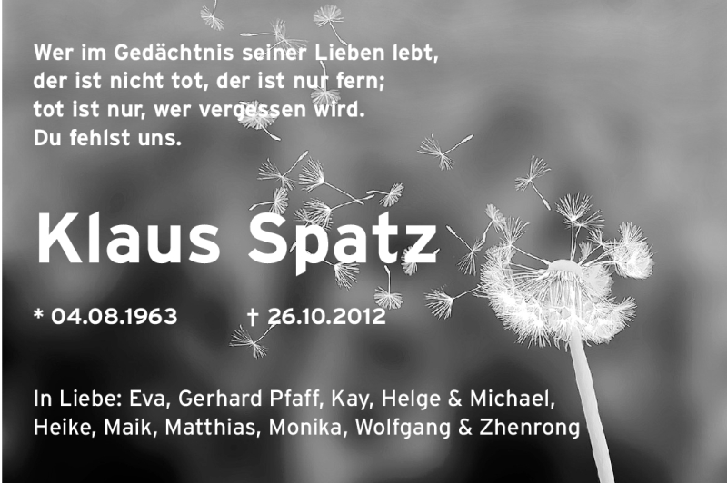  Traueranzeige für Klaus Spatz vom 07.11.2012 aus Echo-Zeitungen (Gesamtausgabe)