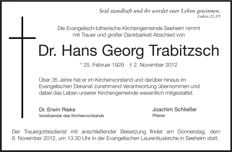  Traueranzeige für Hans Georg Trabitzsch vom 06.11.2012 aus Echo-Zeitungen (Gesamtausgabe)