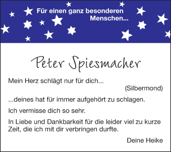 Traueranzeige von Peter Spiesmacher von Odenwälder Echo