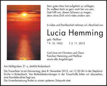 Traueranzeige von Lucia Hemming von Echo-Zeitungen (Gesamtausgabe)