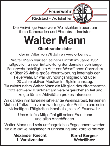 Traueranzeige von Walter Mann von Rüsselsheimer Echo, Groß-Gerauer-Echo, Ried Echo