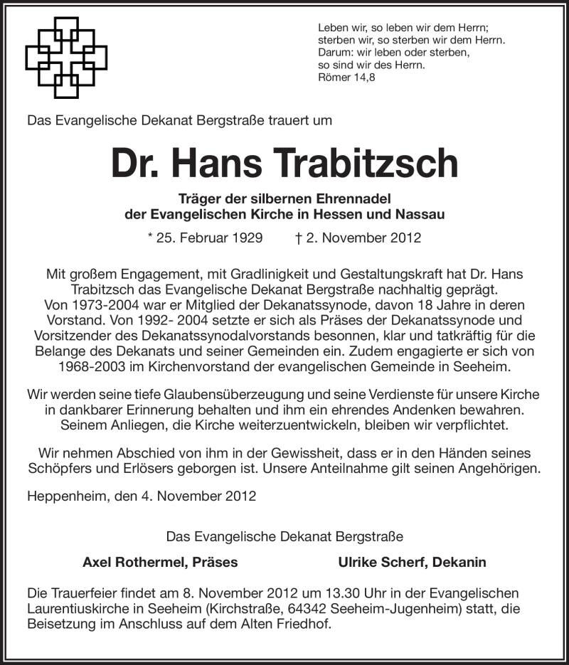  Traueranzeige für Hans Trabitzsch vom 06.11.2012 aus Echo-Zeitungen (Gesamtausgabe)