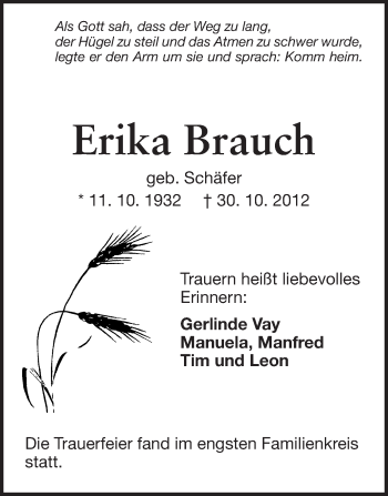 Traueranzeige von Erika Brauch von Odenwälder Echo