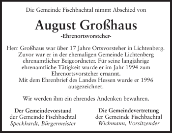 Traueranzeige von August Großhaus von Echo-Zeitungen (Gesamtausgabe)