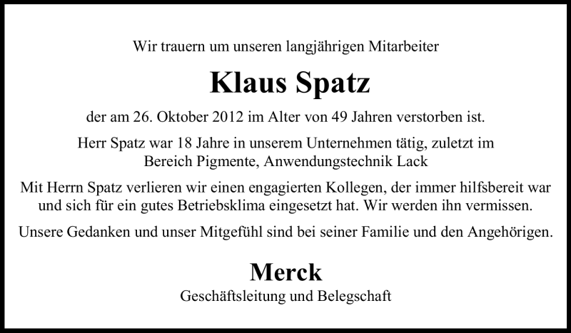  Traueranzeige für Klaus Spatz vom 06.11.2012 aus Echo-Zeitungen (Gesamtausgabe)