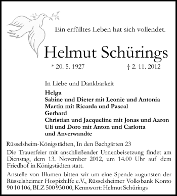 Traueranzeige von Helmut Schürings von Rüsselsheimer Echo, Groß-Gerauer-Echo, Ried Echo