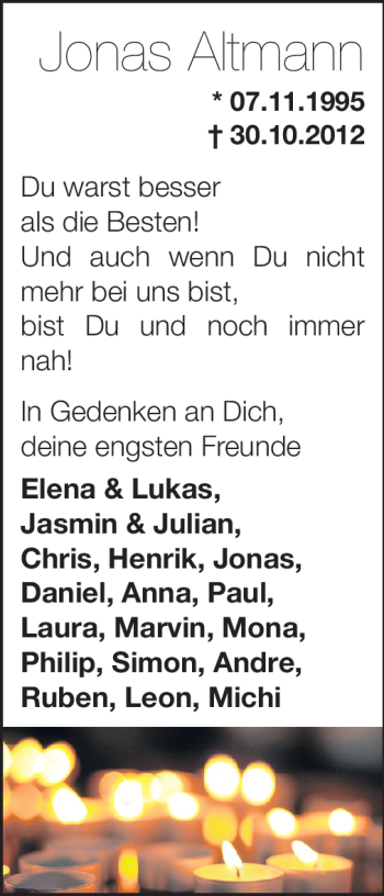 Traueranzeige von Jonas Altmann von Rüsselsheimer Echo, Groß-Gerauer-Echo, Ried Echo