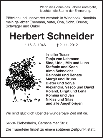 Traueranzeige von Herbert Schneider von Echo-Zeitungen (Gesamtausgabe)